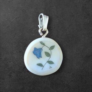 Vintage Hand Carved Scrimshaw Pendant Blue Flower